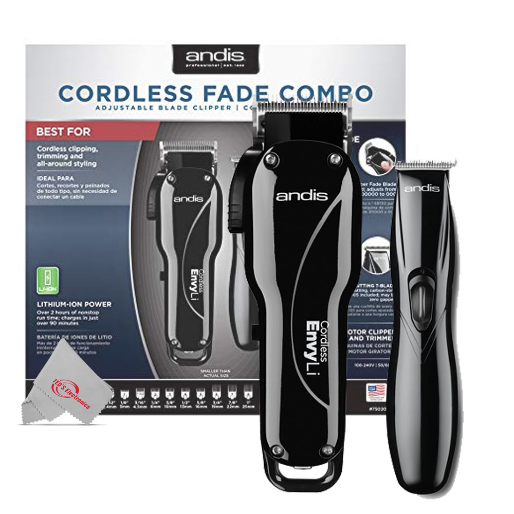 Andis Professional Cordless Fade Combo Envy Li Adjustable Blade Clipper &  Slimline Li lose Cutting T-Blade Trimmer 75020