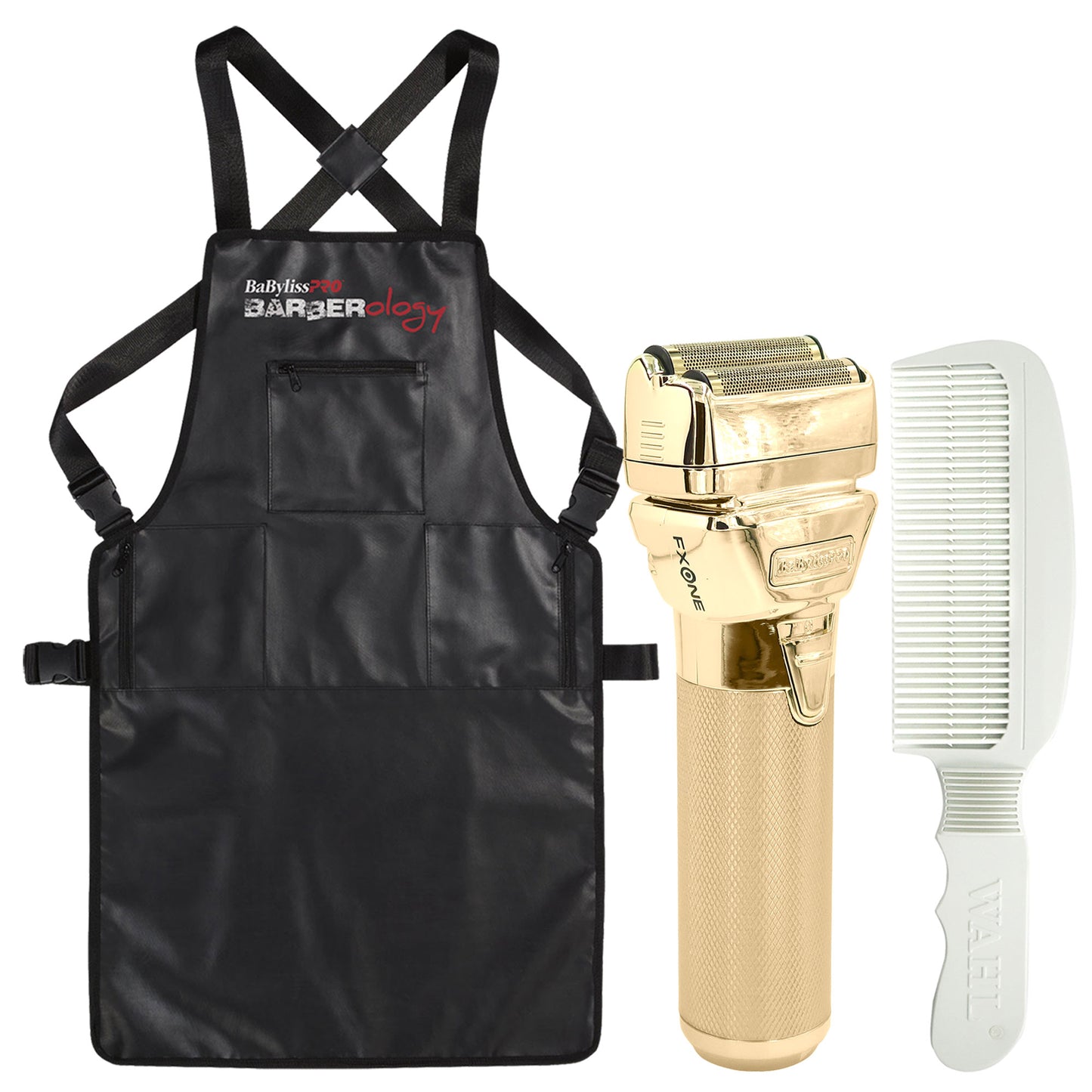 BaByliss Pro FXONE GOLDFX All-Metal Interchangeable-Battery Shaver Gold #FX79FSG with Babyliss Pro Industrial Barber Apron and Wahl Flat Top Comb White