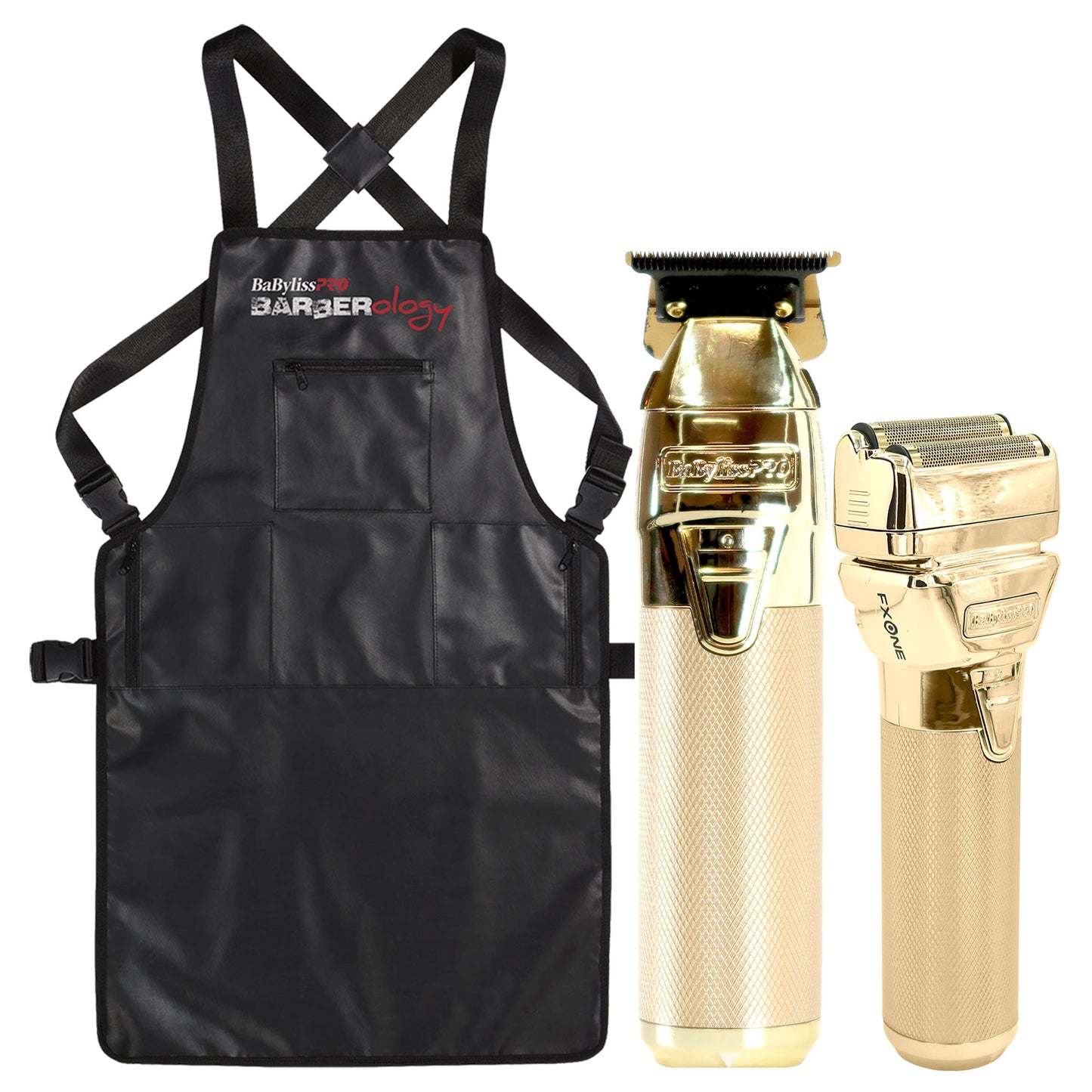 BaByliss Pro FXONE GOLDFX All-Metal Interchangeable-Battery Trimmer #FX799G with FXONE GOLDFX Interchangeable-Battery Shaver #FX79FSG and Barber Apron