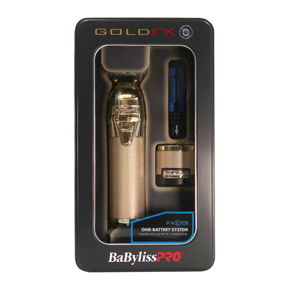 BaByliss Pro FXONE GOLDFX All-Metal Interchangeable-Battery Trimmer #FX799G with FXONE GOLDFX Interchangeable-Battery Shaver #FX79FSG and Barber Apron