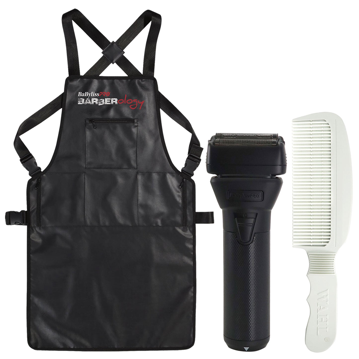 BaByliss Pro FXONE BLACKFX All-Metal Interchangeable-Battery Shaver #FX79FSMB with Babyliss Pro Barberology Industrial Barber Apron and Wahl Flat Top Comb White