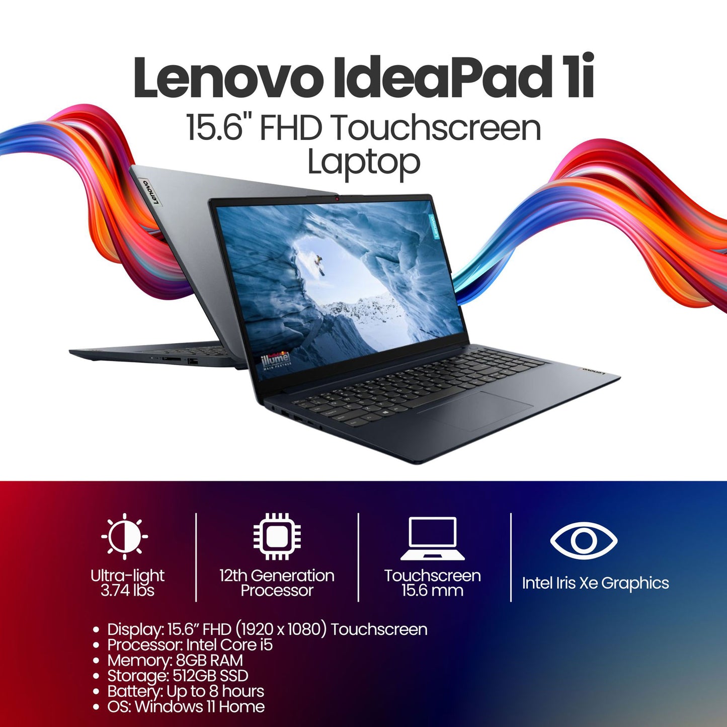 Lenovo IdeaPad 1 15.6" FHD Touchscreen Laptop Intel Core i5 - 8GB Memory with 512GB SSD Storage (Abyss Blue) with 10FT USB 2.0 Type A Male To B Male Cable and HDMI Cable