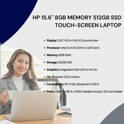 HP 15.6" Touch-Screen Laptop, Intel Core i5, 8GB Memory, 512GB SSD (NaSilver) with Splash Proof Wear Resistant Polyester Fiber Laptop Bag