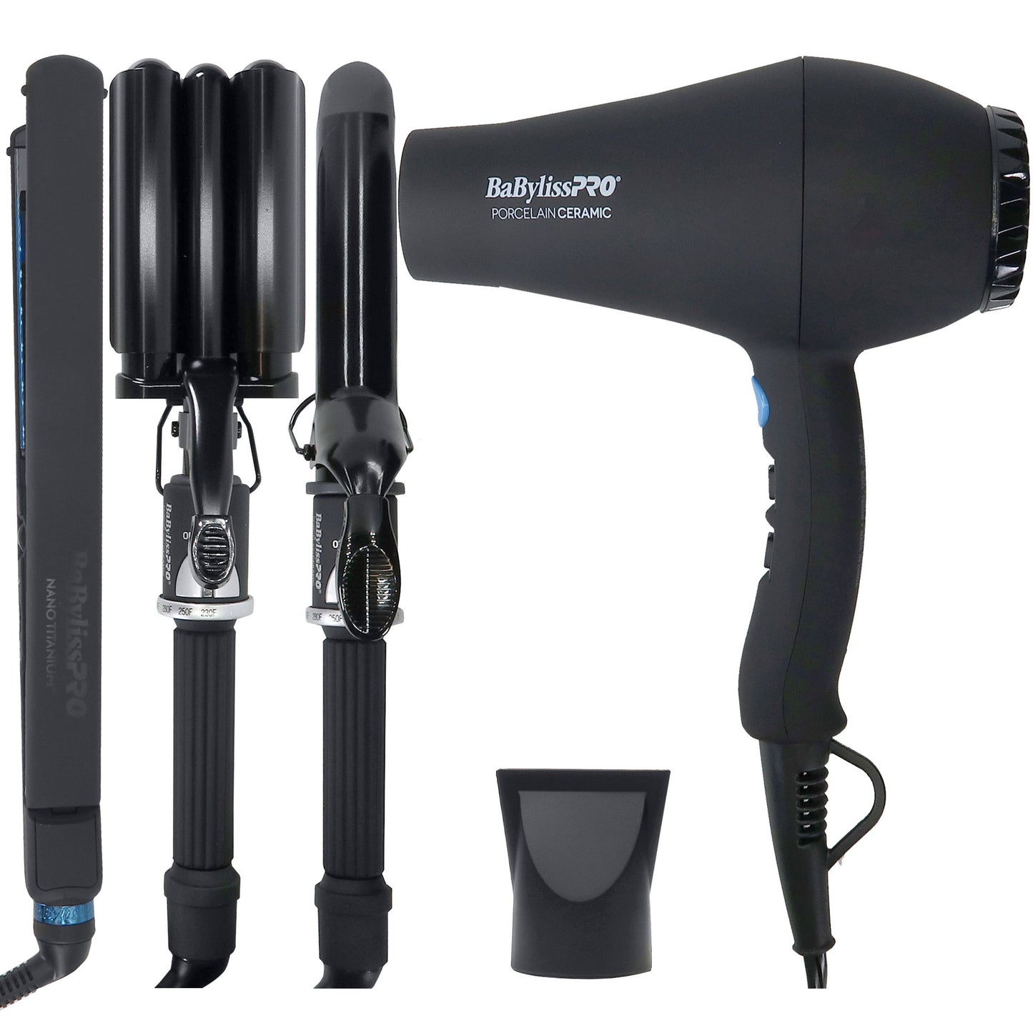 BaByliss Pro Porcelain Ceramic Gift Box (Dryer, Waver, Curling Iron) #BPPP7 with BaByliss Pro LIMITED EDITON Nano Titanium Ultra-Thin 1" Flat Iron #BNTMB4072TUC