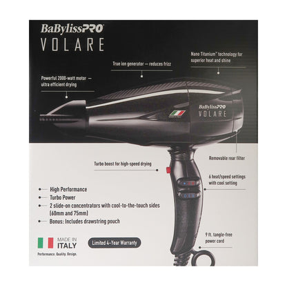 BaByliss Pro Volare Nano Titanium Professional Quality Italian Performance Hair Dryer 2000-Watt Blow Dryer (Black) #BVOL1 + Accessory Bundle