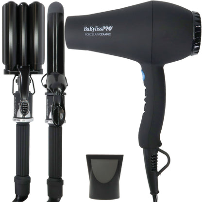 BaByliss Pro Porcelain Ceramic Gift Box (Dryer, Waver, Curling Iron) Black #BPPP7 with Wahl Flat Top Comb White