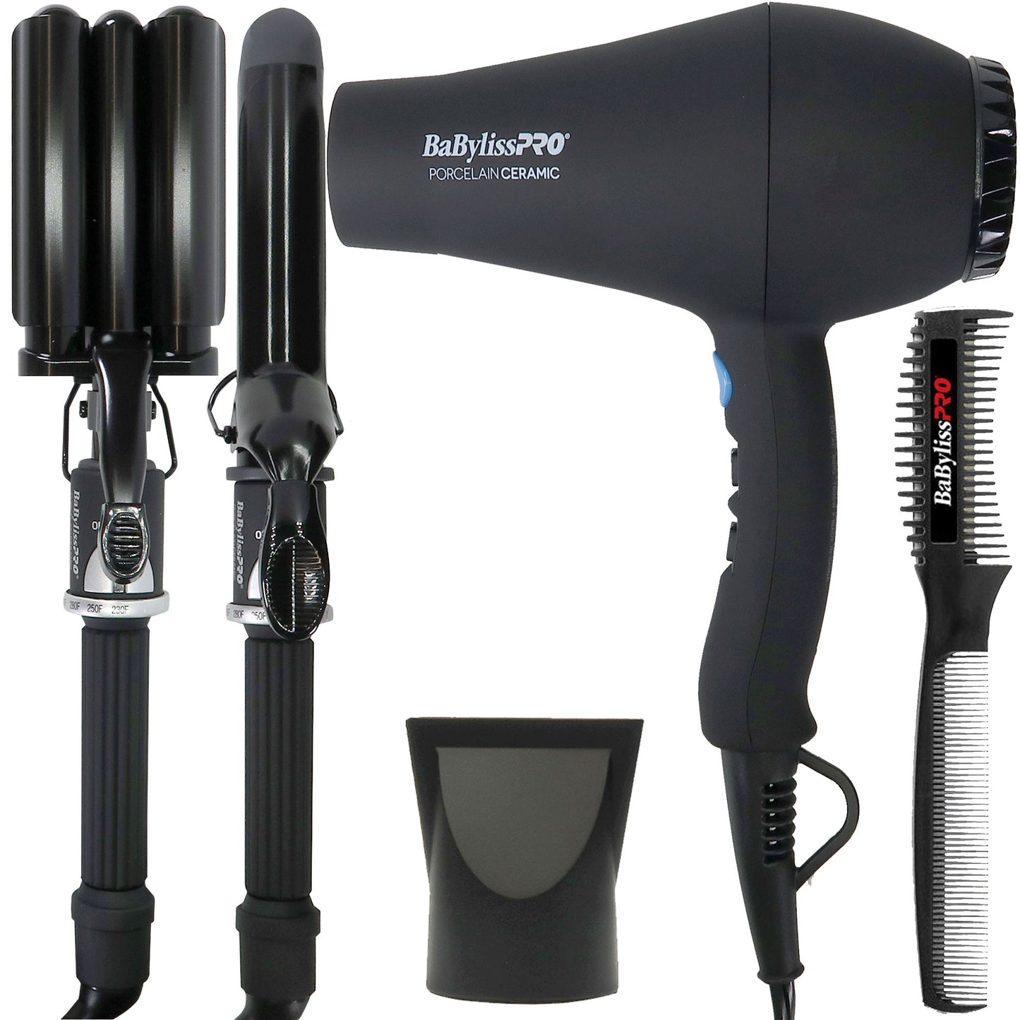 BaByliss Pro Porcelain Ceramic Gift Box (Dryer, Waver, Curling Iron) Black #BPPP7 with Texturizing Comb