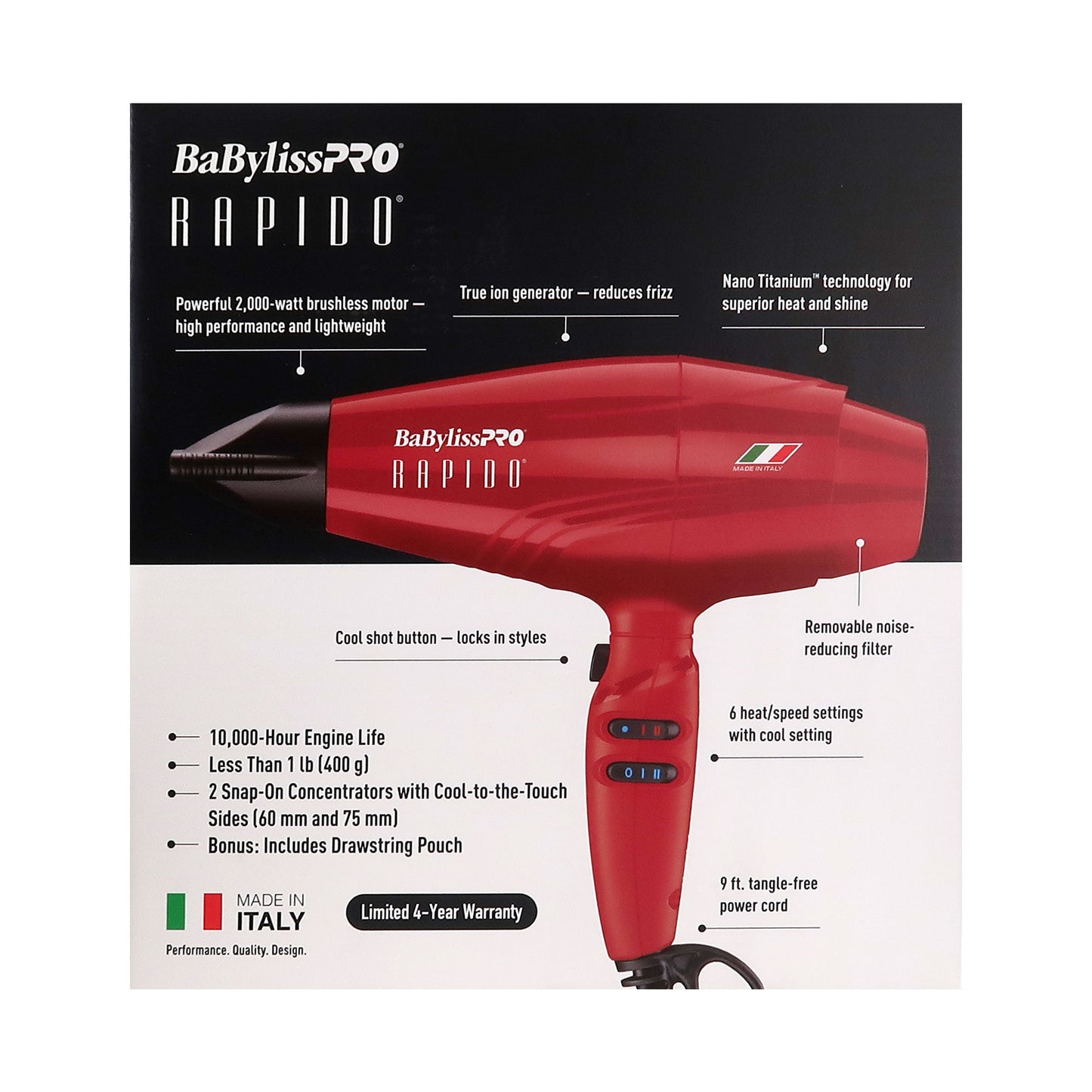 BaByliss Pro Rapido Nano Titanium Italian Performance Hair Dryer (Red) BRRAP1 with BaByliss Pro Texturizing Comb