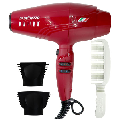 BaByliss Pro Rapido Nano Titanium Professional Quality Italian Performance Hair Dryer (Red) #BRRAP1 with Flat Top Comb White