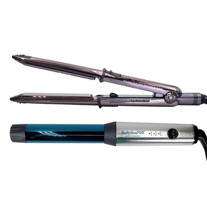 BaByliss Pro LIMITED EDITION Nano Titanium Prima 3000 1¼" Flat Iron Midnight Purple BNTP3000TUC with 1" Compact Full Power Curling Wand BNTMWUC