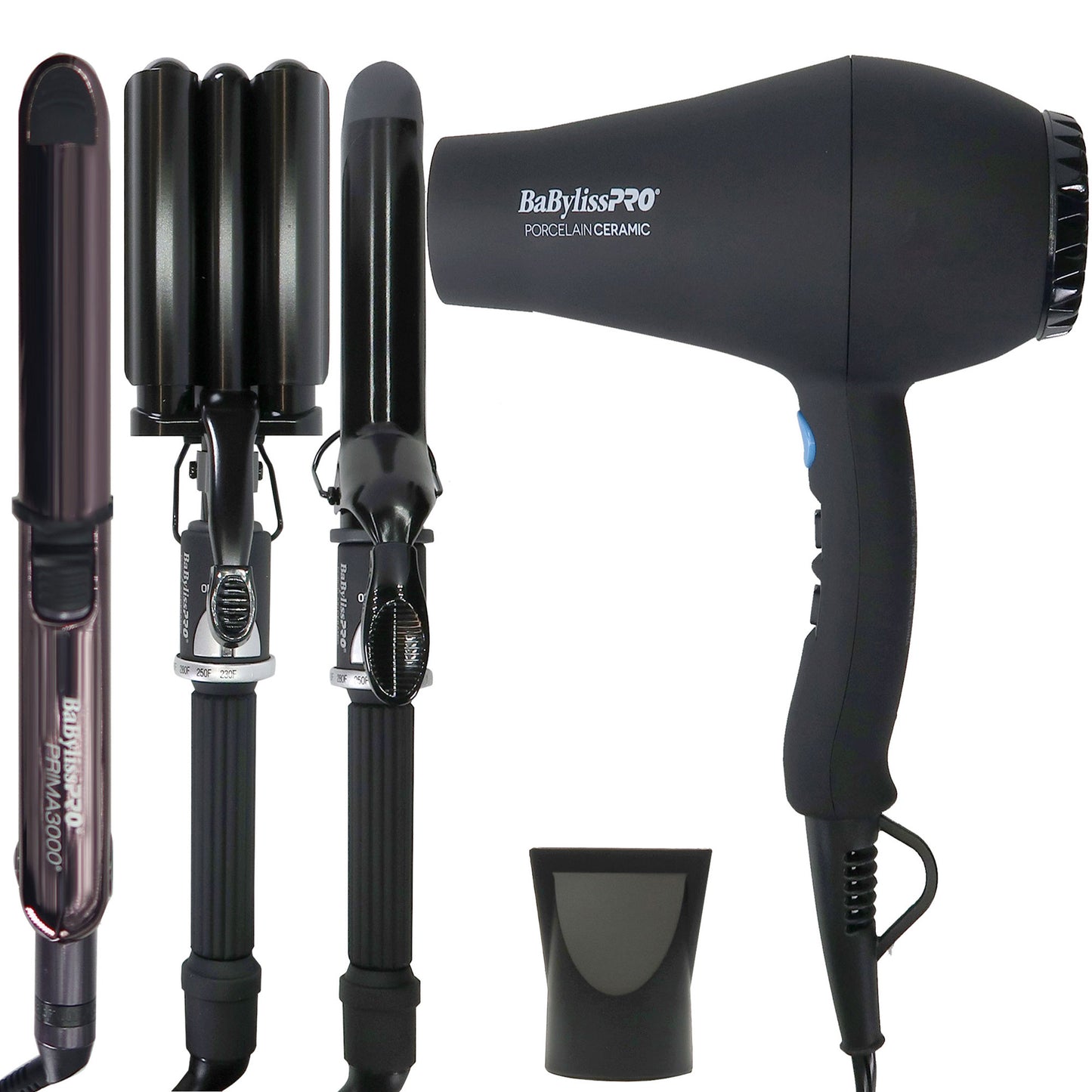 BaByliss Pro Porcelain Ceramic Gift Box (Dryer, Waver, Curling Iron) #BPPP7 with LIMITED EDITION Nano Titanium Prima 3000 Flat Iron Midnight Purple - 1¼" #BNTP3000TUC (Dual Voltage)