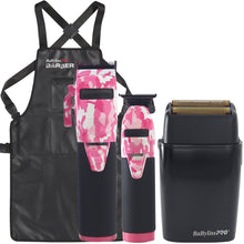 BaByliss Pro LIMITEDFX Pink Camo Clipper and Trimmer Collection FXHOLPKCAMPK with Cordless Double Foil Shaver FXFS2B and Barber Apron