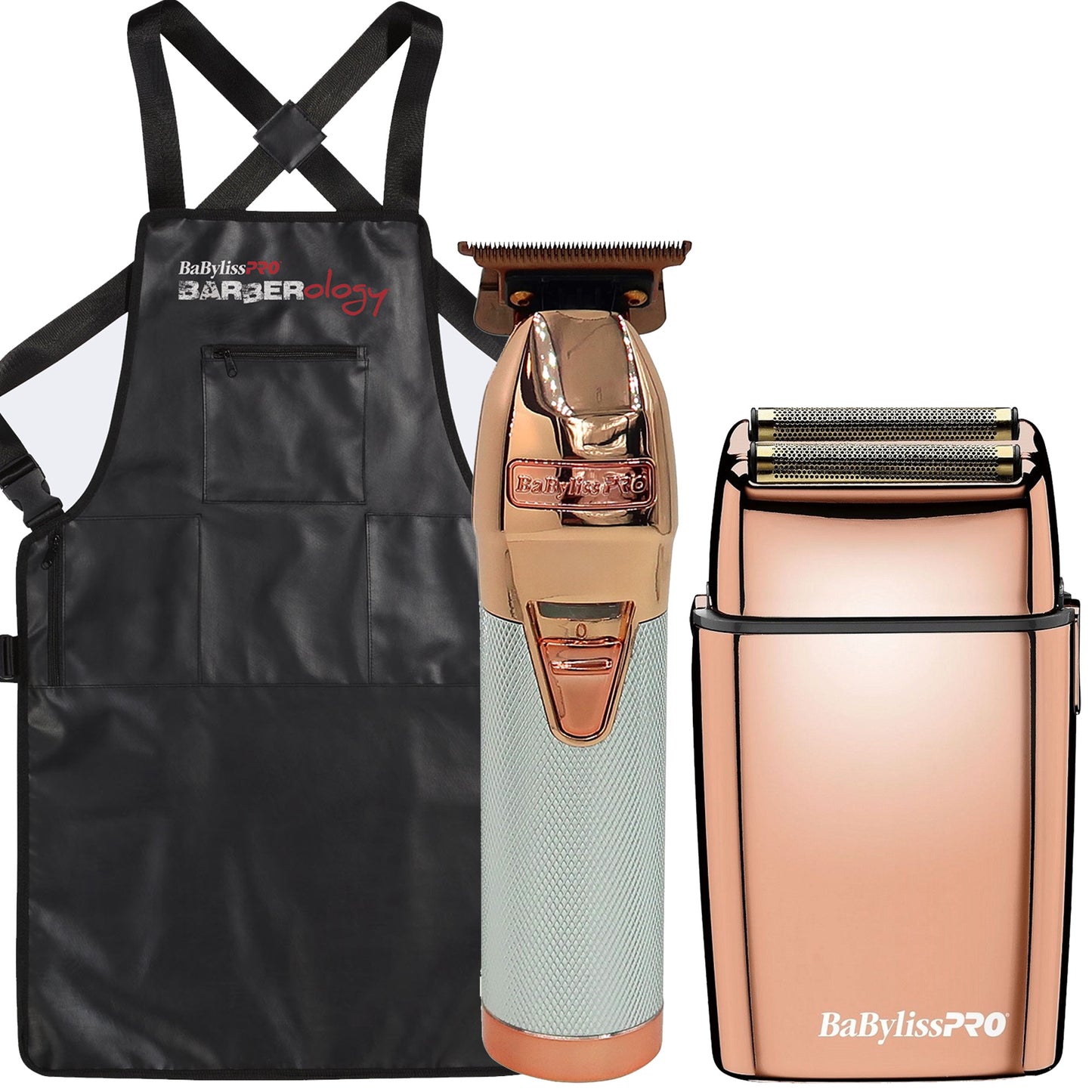 BaByliss Pro ROSEFX+ Professional Cord/Cordless Lithium Outlining Trimmer Rose Gold FX787NRG with Cordless Double Foil Shaver FXFS2RG Rose Gold and Barber Apron