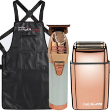 BaByliss Pro ROSEFX+ Professional Cord/Cordless Lithium Outlining Trimmer Rose Gold FX787NRG with Cordless Double Foil Shaver FXFS2RG Rose Gold and Barber Apron