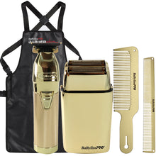 BaByliss Pro LIMITEDFX Collection Trimmer and Double Foil Shaver Gold #FXDUOFS2TG with BaByliss Pro Metal Comb Set 9" and 7.5" Comb Gold + Barber Apron