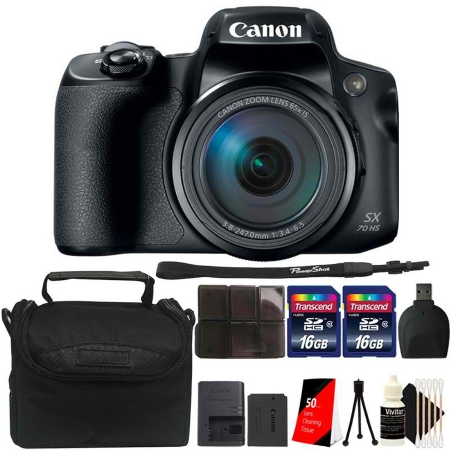 Canon PowerShot SX70 HS Digital Camera + Two 16GB Memory Card + Card Holder + Card Reader + Camera Case + Lens Tissue + Mini Tripod + 3pc Cleaning Kit