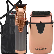 Babyliss Pro FX788RG Cordless Metal Lithium Trimmer Rose Gold with LIMITED EDITON UVFOIL UV-Disinfecting Double Foil Shaver #FXLFS2RG Rose Gold and Barber Apron