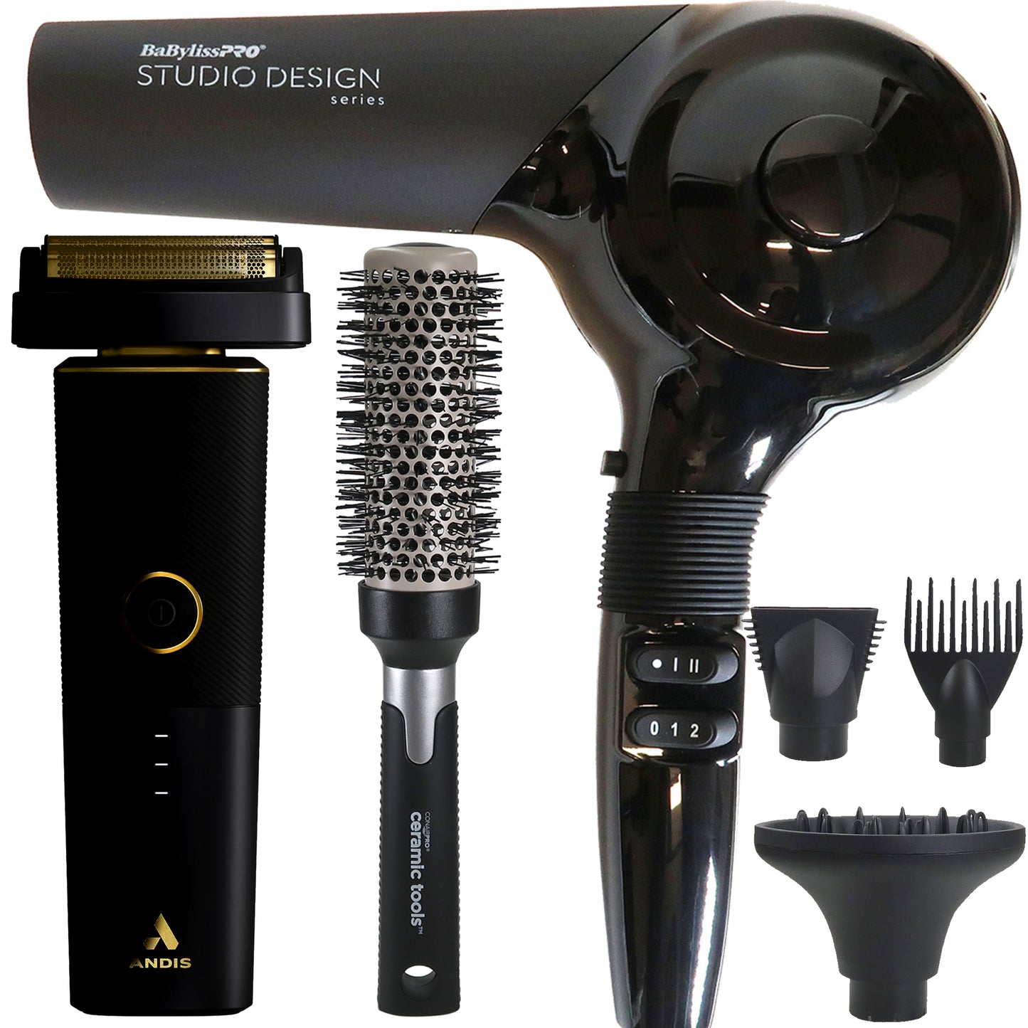 BaByliss Pro Studio Design Series Sensor Hair Dryer BCI800UC with Andis 17300 reSURGE Titanium Foil Wet / Dry Shaver and Conair Pro Round Brush 2"