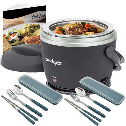 Crock-Pot Electric Lunch Box, Portable Food Warmer for On-the-Go, 20-Oz (591 mL), Black Licorice + 2x Cutlery Set + Easy & Delicious Crock-Pot Recipes