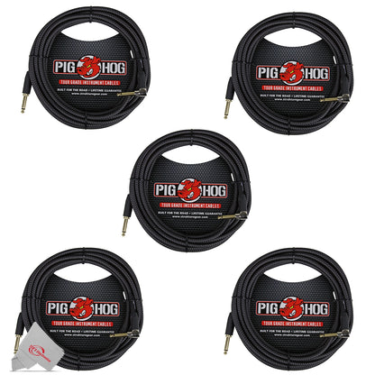 Pig Hog Black Woven Tour Grade Instrument Cable 1/4" to 1/4" Right Angle 20ft PCH20BKR - 5 Units