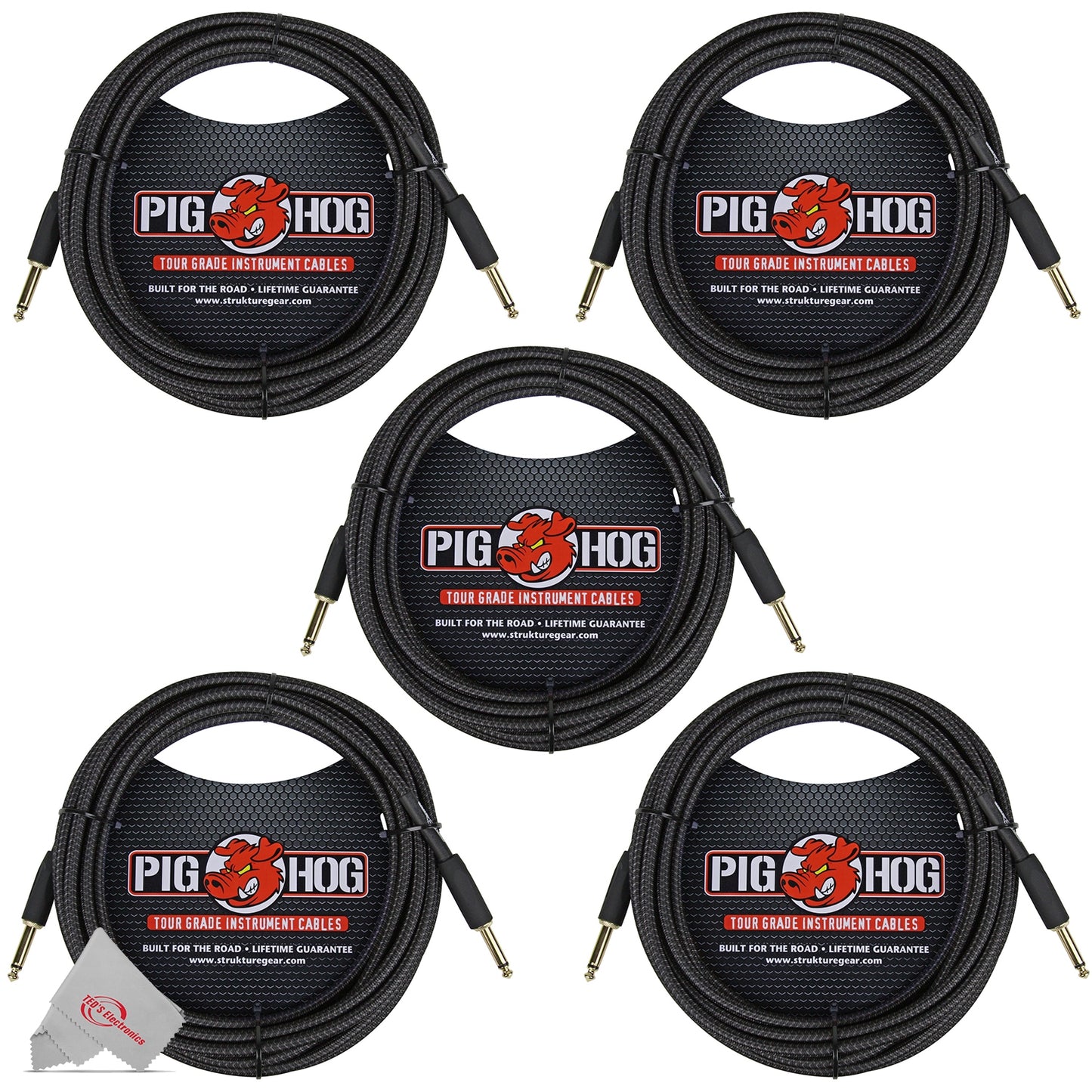 Pig Hog Black Woven Tour Grade Instrument Cable 1/4" to 1/4" Straight 20ft PCH20BK  - 5 Units