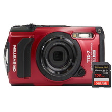 OM SYSTEM Tough TG-7 Digital Camera (Red) with SanDisk Extreme Pro 128GB SDXC Memory Card