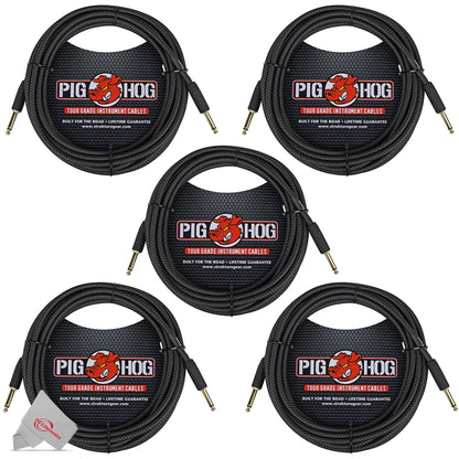 Pig Hog Black Woven Tour Grade Instrument Cable 1/4" to 1/4" Straight 20ft PCH20BK  - 5 Units