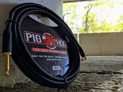 Pig Hog Black Woven Tour Grade Instrument Cable 1/4" to 1/4" Right Angle 20ft PCH20BKR