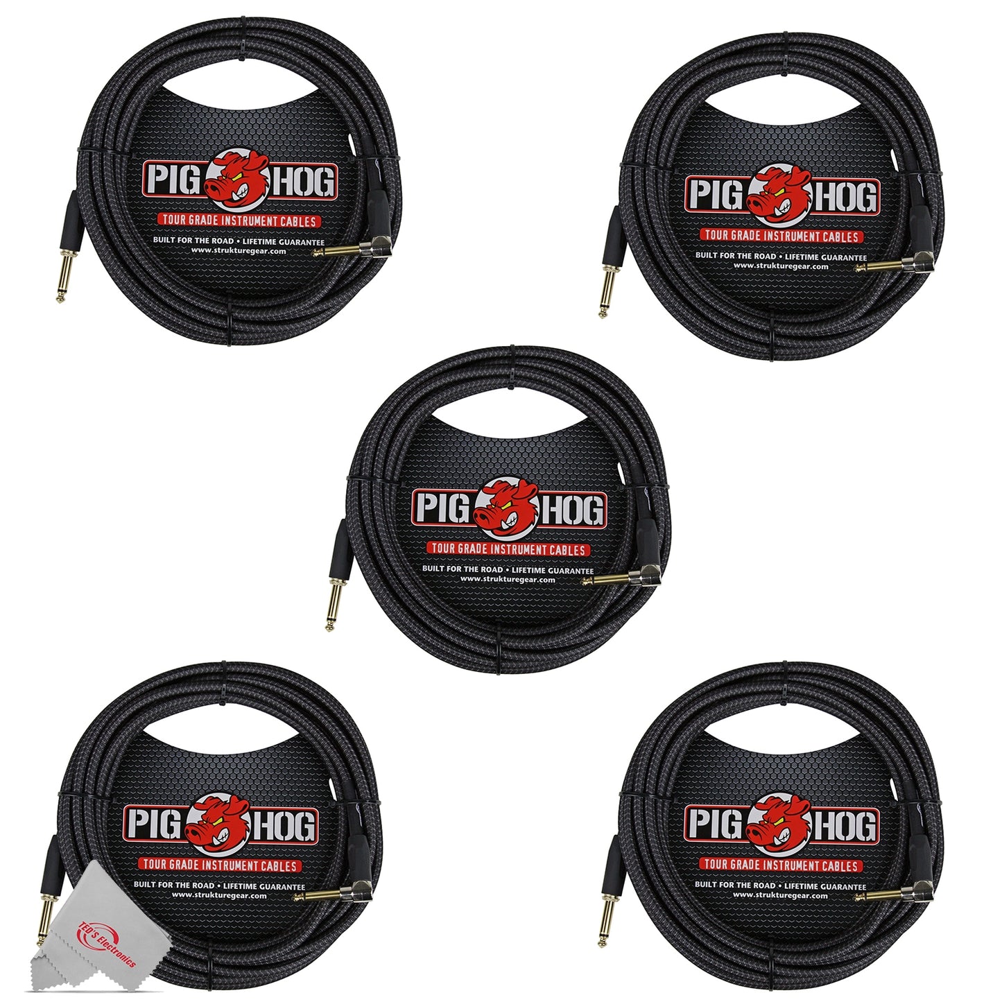 Pig Hog Black Woven Tour Grade Instrument Cable 1/4" to 1/4" Right Angle 20ft PCH20BKR - 5 Units